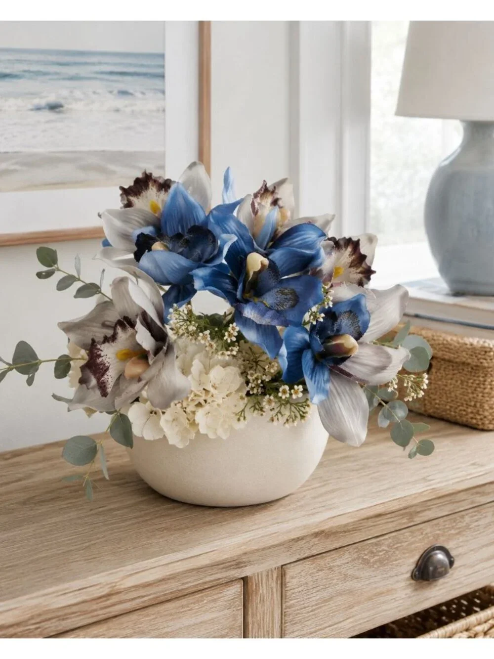 Blue Gray Cymbidium Orchid Flowers 7 Stem Faux Floral Bundle 9 Inch